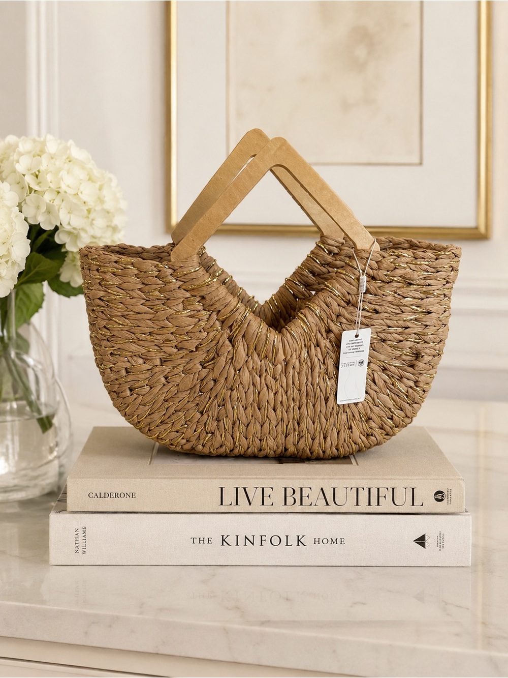 Woven Straw Tote Bag with Wooden Handles - Natural